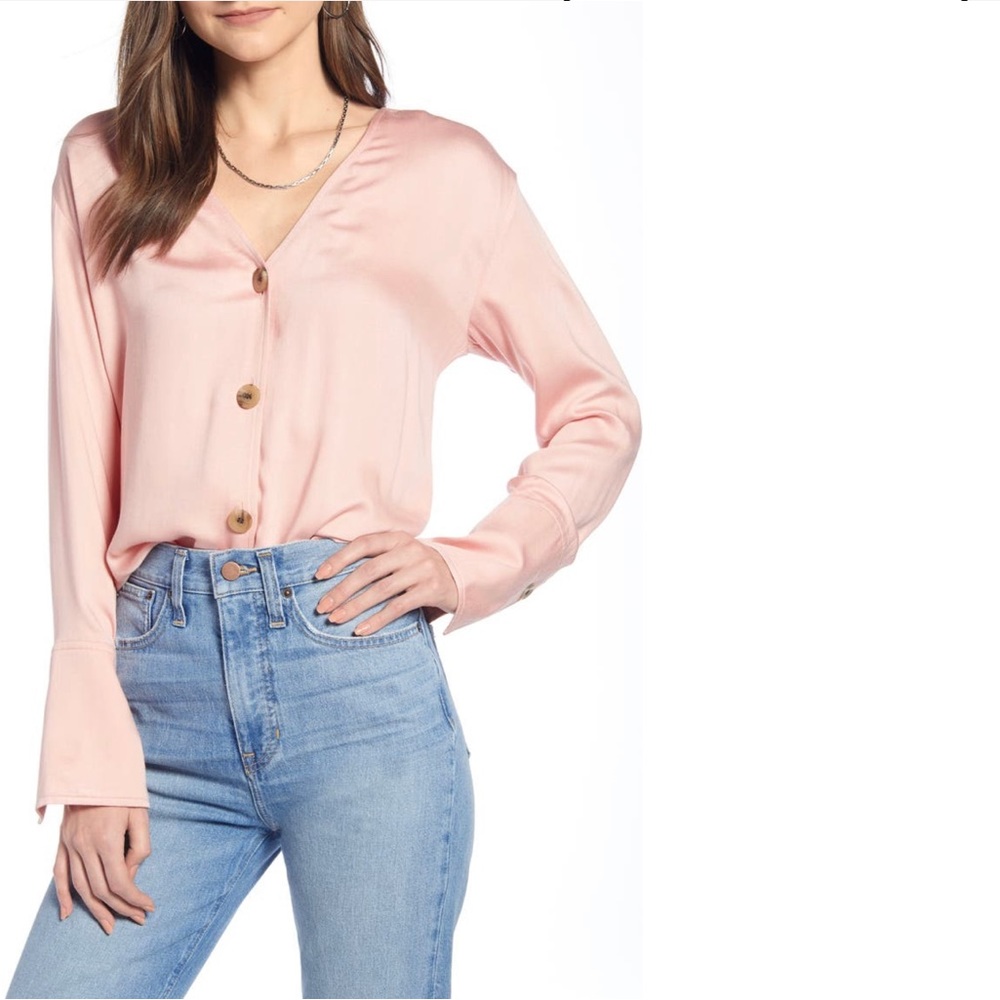 Something Navy Pink Button Front Long Sleeve Top - image 1